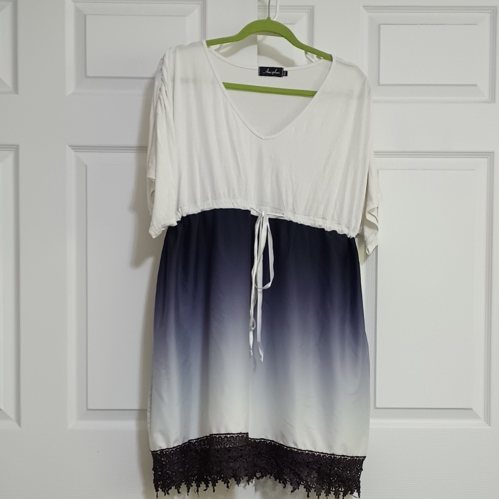Amzplus Women's Plus Size White and Blue Ombre Mini Dress with Lace Trim XXL